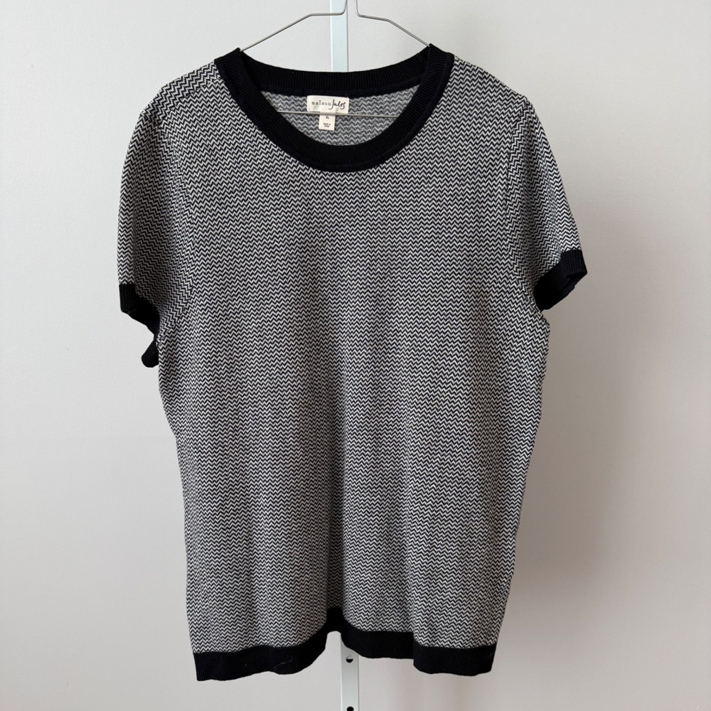 Maison Jules sz XL Black White Herringbone Knit Short Sleeve Sweater Top Preppy